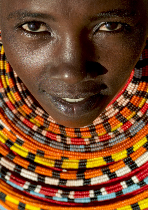 Portrait of a Samburu tribe woman with beaded necklaces, Samburu County, Maralal, Kenya