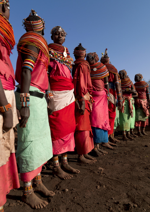 Portait of Rendille tribe women in line, Marsabit County, Chalbi Desert, Kenya