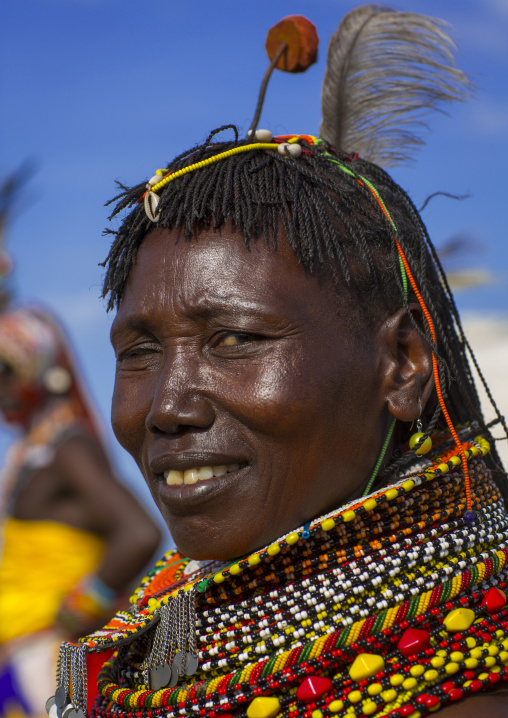 Turkana tribe woman with huge necklaces and ear rings, Turkana lake, Loiyangalani, Kenya