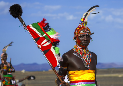 Portrait of rendille warrior wearing traditional headwear, Turkana lake, Loiyangalani, Kenya
