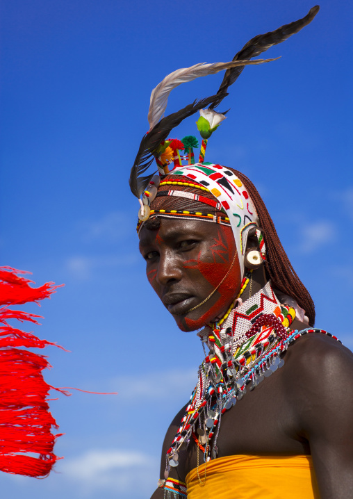 Portrait of rendille warrior wearing traditional headwear, Turkana lake, Loiyangalani, Kenya