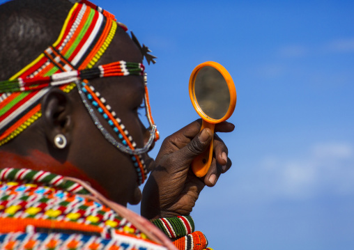 Rendille tribeswoman wearing traditional headdress and jewellery, Turkana lake, Loiyangalani, Kenya