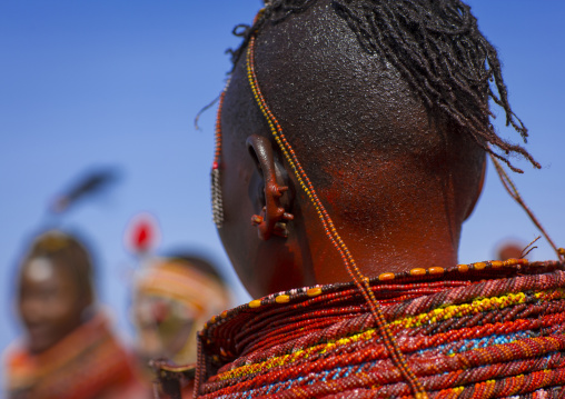 Turkana tribe woman with huge necklaces and ear rings, Turkana lake, Loiyangalani, Kenya