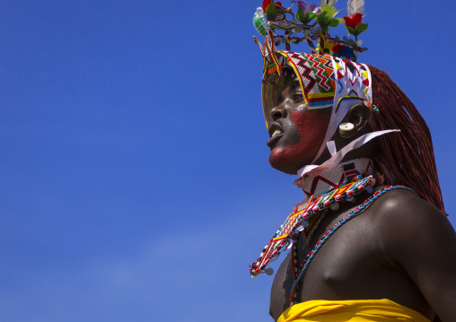 Portrait of rendille warrior wearing traditional headwear, Turkana lake, Loiyangalani, Kenya