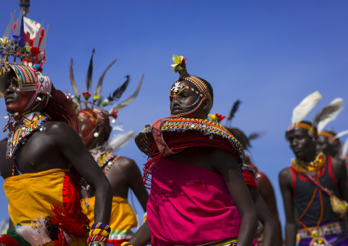 Rendille and turkana tribes dancing together during a festival, Turkana lake, Loiyangalani, Kenya