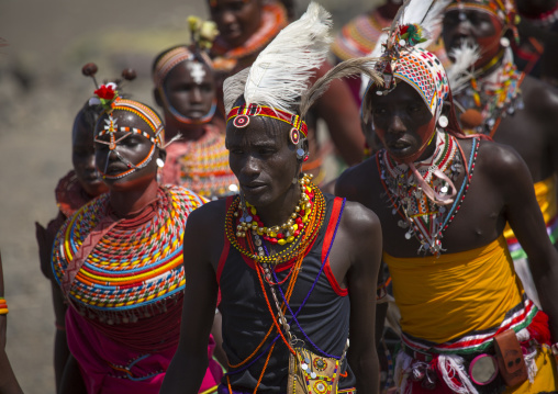 Rendille and turkana tribes dancing together during a festival, Turkana lake, Loiyangalani, Kenya