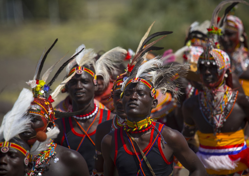 Rendille and turkana tribes dancing together during a festival, Turkana lake, Loiyangalani, Kenya