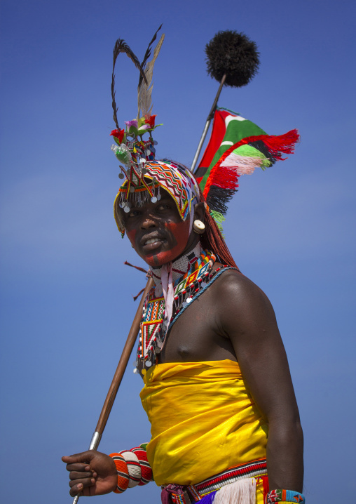 Portrait of rendille warrior wearing traditional headwear, Turkana lake, Loiyangalani, Kenya