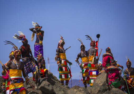 Portrait of rendille warriors wearing traditional headwears, Turkana lake, Loiyangalani, Kenya