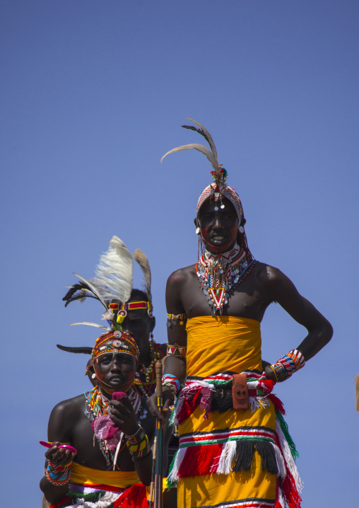 Portrait of rendille warriors wearing traditional headwears, Turkana lake, Loiyangalani, Kenya