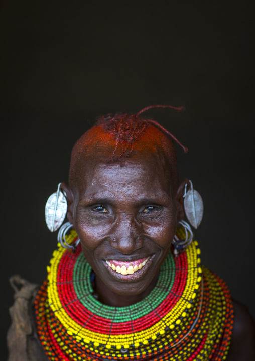 Turkana tribe woman with huge necklaces and earrings, Turkana lake, Loiyangalani, Kenya