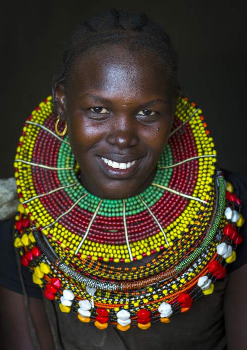 Turkana tribe woman with huge necklaces and earrings, Turkana lake, Loiyangalani, Kenya