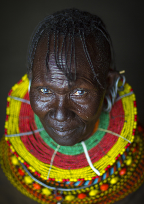 Turkana tribe woman with huge necklaces and earrings, Turkana lake, Loiyangalani, Kenya