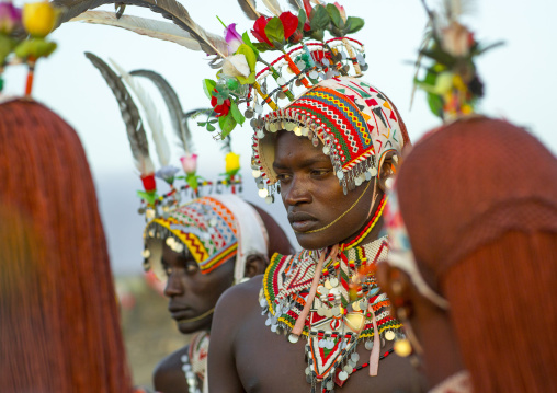 Portrait of rendille warriors wearing traditional headwears, Turkana lake, Loiyangalani, Kenya