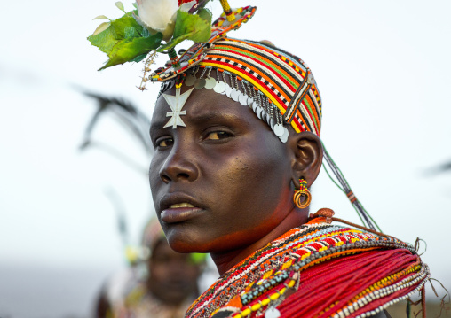 Rendille tribeswoman wearing traditional headdress and jewellery, Turkana lake, Loiyangalani, Kenya