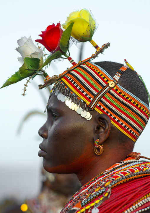 Rendille tribeswoman wearing traditional headdress and jewellery, Turkana lake, Loiyangalani, Kenya