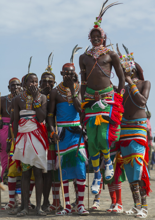 Portrait of rendille warriors dancing and jumping, Turkana lake, Loiyangalani, Kenya