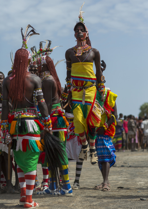 Portrait of rendille warriors dancing and jumping, Turkana lake, Loiyangalani, Kenya