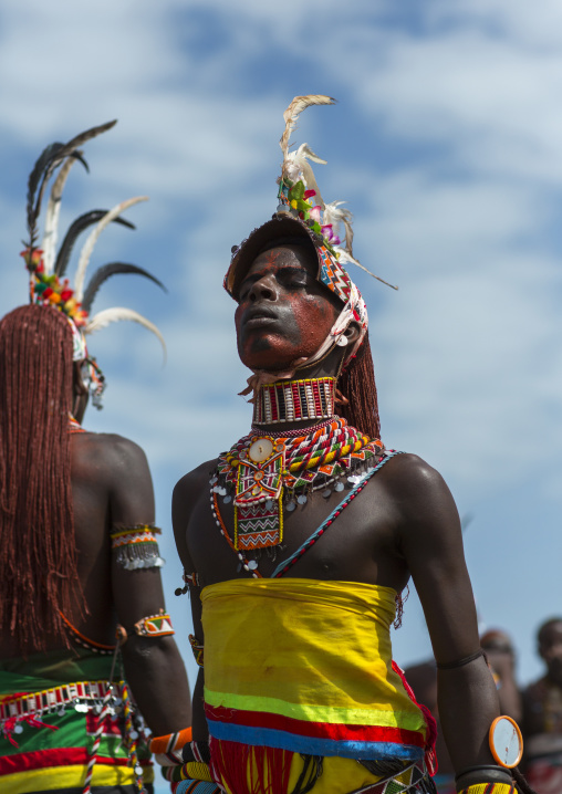 Portrait of rendille warriors dancing and jumping, Turkana lake, Loiyangalani, Kenya
