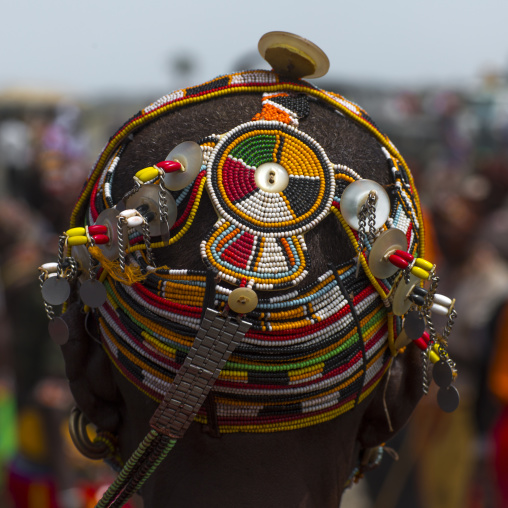 Rendille tribeswoman wearing traditional headdress and jewellery, Turkana lake, Loiyangalani, Kenya