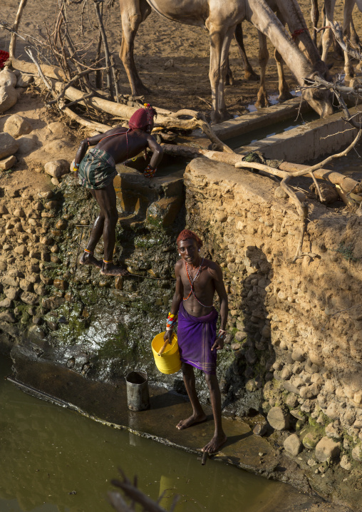 Rendille tribe men taking water in a singing well for their camels, Marsabit district, Ngurunit, Kenya