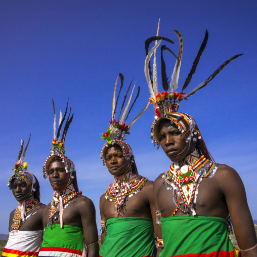 Portrait of rendille warriors wearing traditional headwears, Turkana lake, Loiyangalani, Kenya
