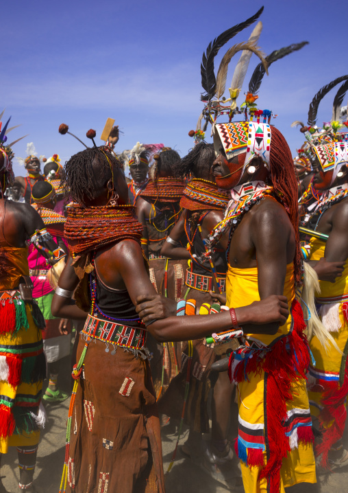 Rendille and turkana tribes dancing together during a festival, Turkana lake, Loiyangalani, Kenya