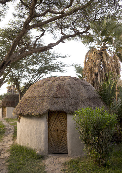 Thatched roof in a garden hotel, Turkana lake, Loiyangalani, Kenya