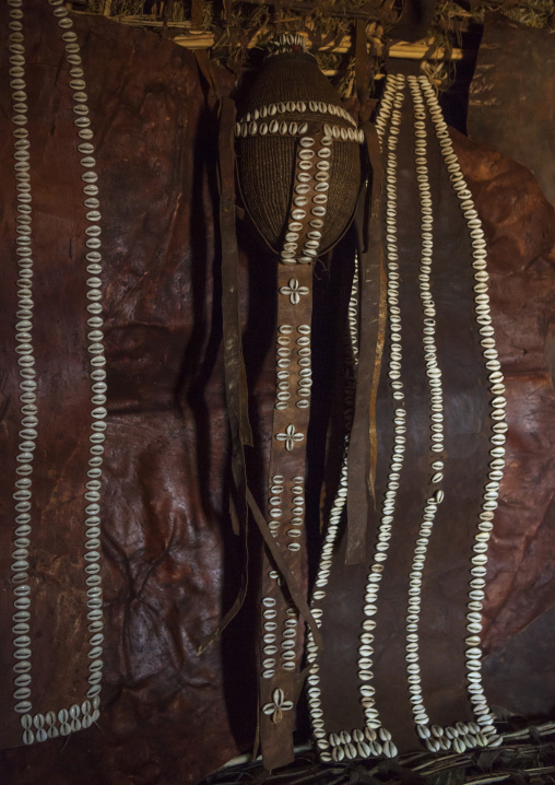 Borana tribe calabashes decorated with shells inside a hut, Chalbi desert, Marsabit, Kenya