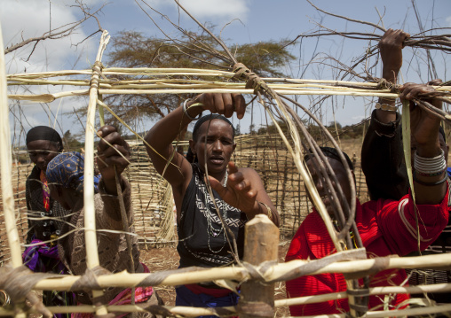 Borana women building a house with wood, Marsabit district, Marsabit, Kenya