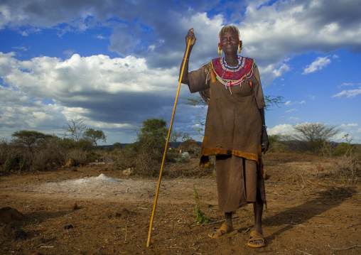 A pokot woman wears large necklaces made from the stems of sedge grass, Baringo county, Baringo, Kenya