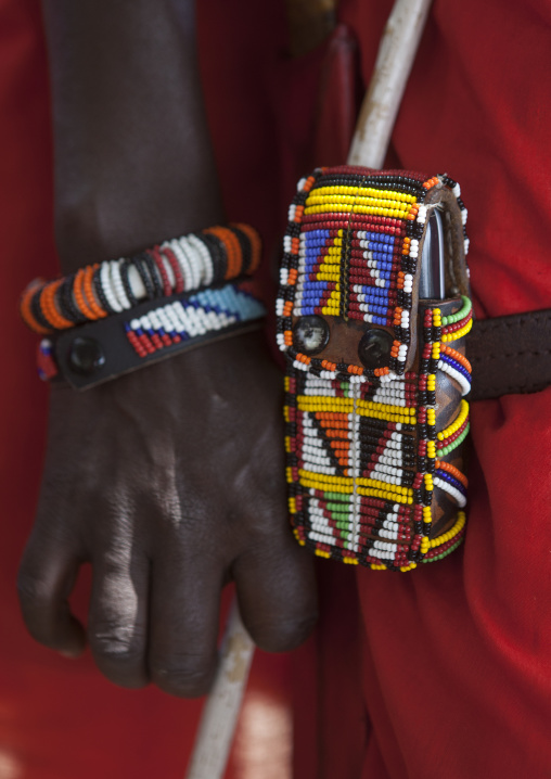 Masai warrior mobile phone decorated with beads, Nakuru county, Nakuru, Kenya