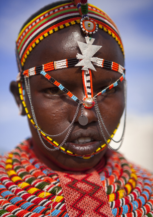 Rendille tribeswoman wearing traditional headdress and jewellery, Turkana lake, Loiyangalani, Kenya