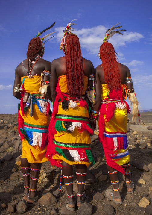 Portrait of rendille warriors wearing traditional headwears, Turkana lake, Loiyangalani, Kenya
