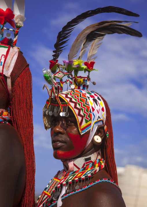 Portrait of rendille warriors wearing traditional headwears, Turkana lake, Loiyangalani, Kenya