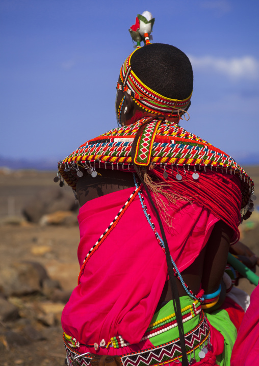 Rendille tribeswoman wearing traditional headdress and jewellery, Turkana lake, Loiyangalani, Kenya