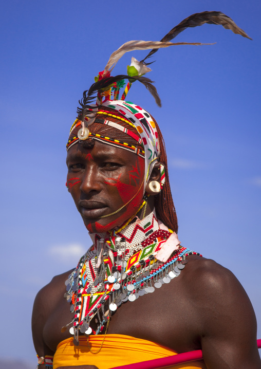 Portrait of rendille warrior wearing traditional headwear, Turkana lake, Loiyangalani, Kenya