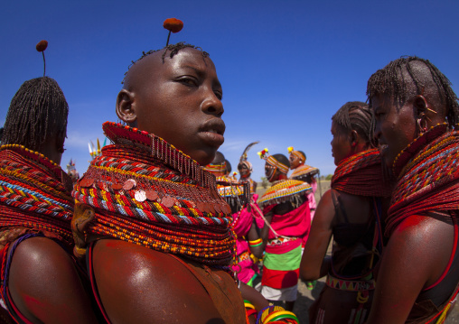 Rendille and turkana tribes dancing together during a festival, Turkana lake, Loiyangalani, Kenya