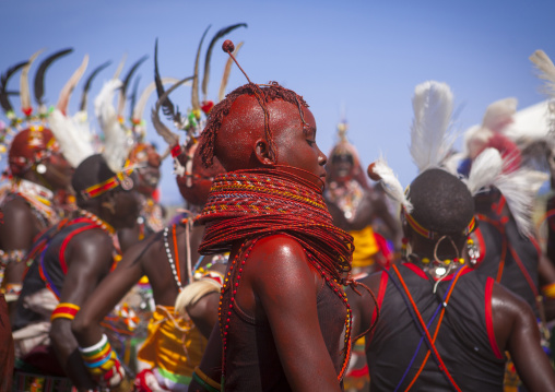 Rendille and turkana tribes dancing together during a festival, Turkana lake, Loiyangalani, Kenya