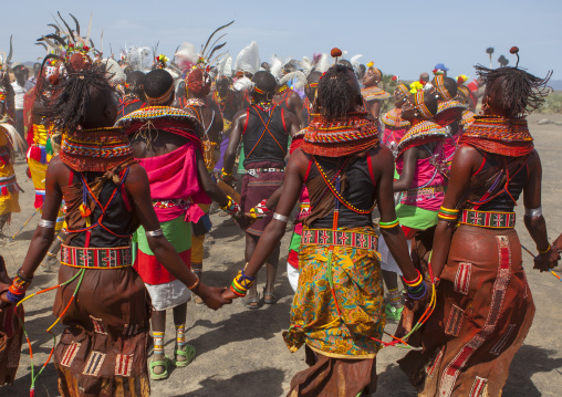 Rendille and turkana tribes dancing together during a festival, Turkana lake, Loiyangalani, Kenya