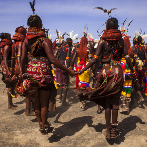 Rendille and turkana tribes dancing together during a festival, Turkana lake, Loiyangalani, Kenya