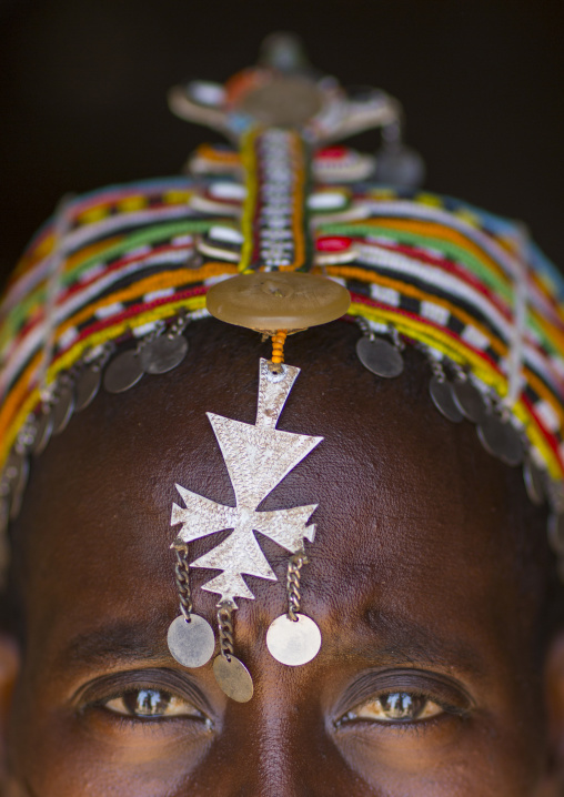 Rendille tribeswoman wearing traditional headdress and jewellery, Marsabit district, Ngurunit, Kenya