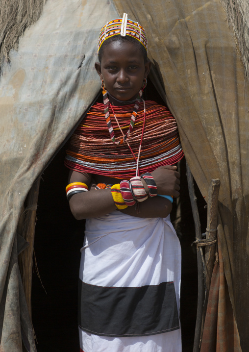 Rendille tribeswoman wearing traditional headdress and jewellery, Marsabit district, Ngurunit, Kenya