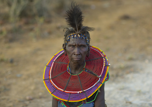 A pokot woman wears large necklaces made from the stems of sedge grass, Baringo county, Baringo, Kenya