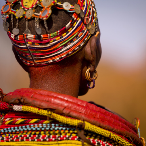 Rendille tribeswoman wearing traditional headdress and jewellery, Marsabit district, Ngurunit, Kenya