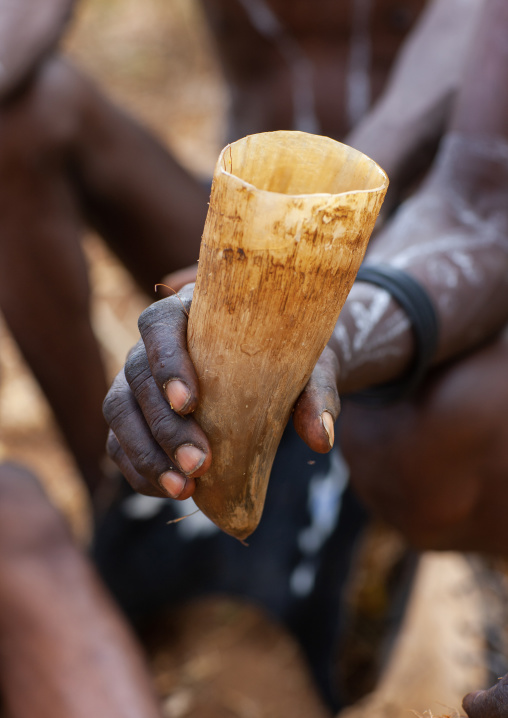 Tharaka tribe man drinking alcohol in a cow horn, Laikipia County, Mount Kenya, Kenya