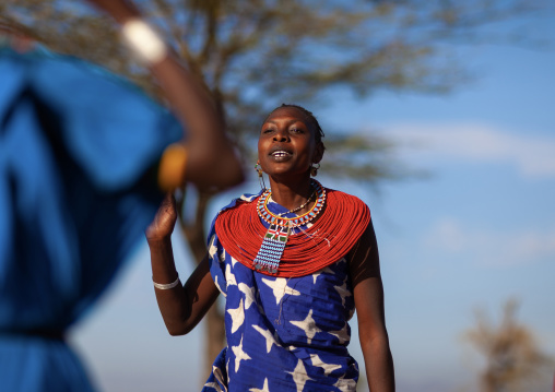 Samburu tribe women with beaded necklaces dancing, Samburu County, Maralal, Kenya