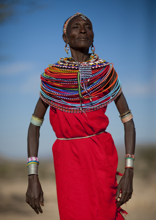 Portrait of a Samburu tribe woman with beaded necklaces dancing, Samburu County, Maralal, Kenya