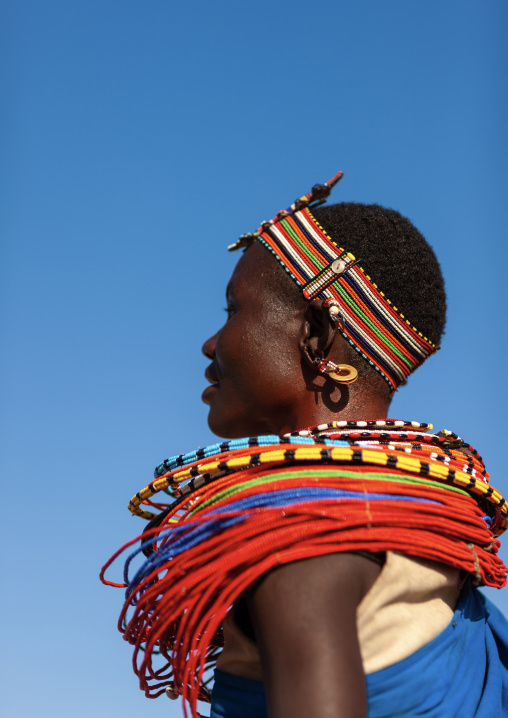 Portrait of a Samburu tribe woman with beaded necklaces, Samburu County, Maralal, Kenya