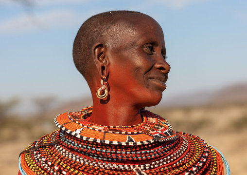 Portrait of a Samburu tribe woman with beaded necklaces, Samburu County, Maralal, Kenya